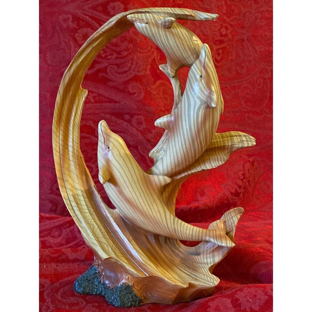 Steel Street MME-686 9 in. Three Dolphin Scene Ocean Woodlike Carving